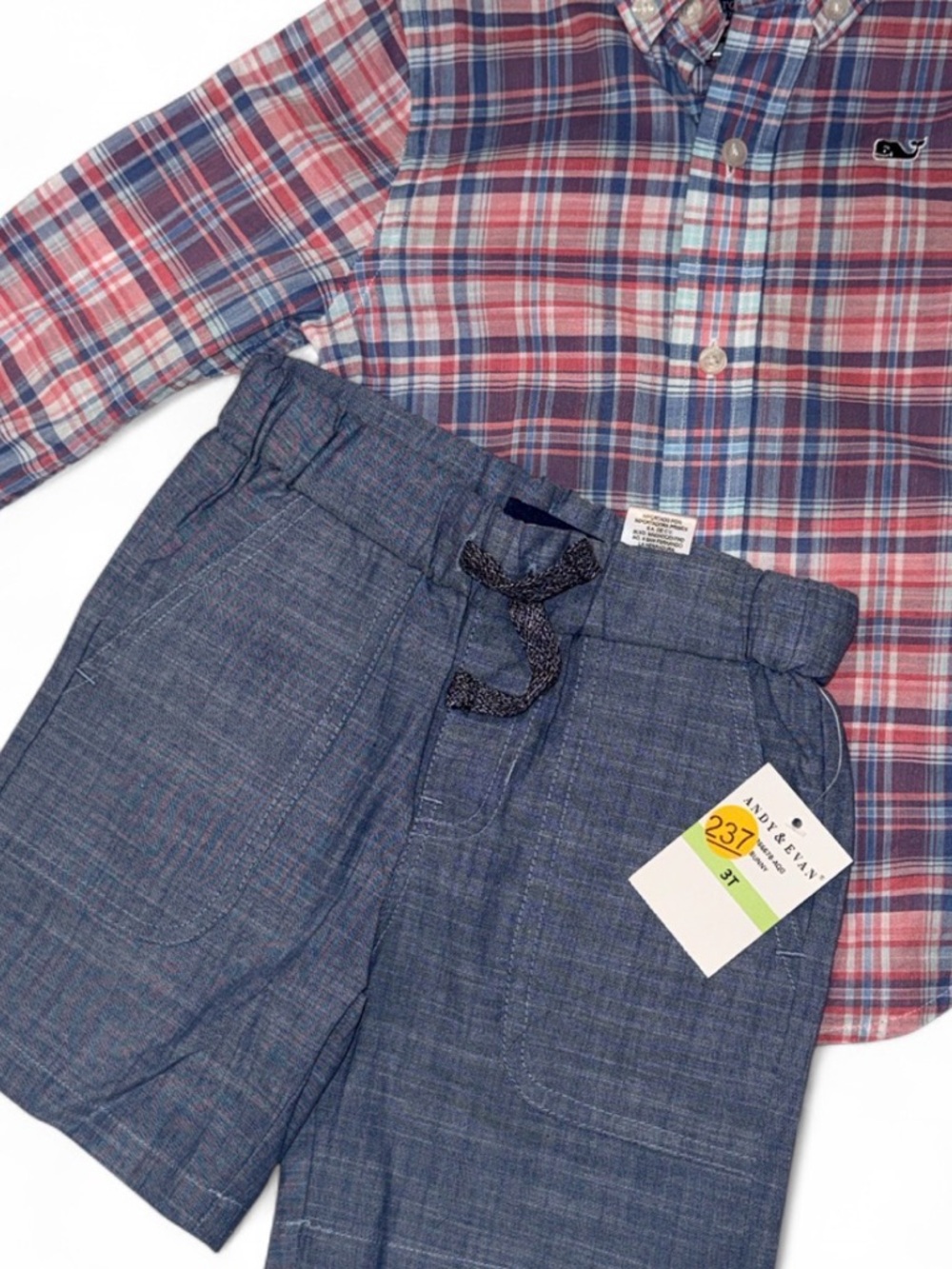 Vineyard Vines Boys Plaid Button Shirt &  NWT Andy & Evan Chambray Shorts 3T